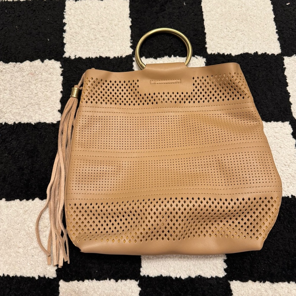 Anthropology Tan Perforated Leather Tote with Gold Ring Handle